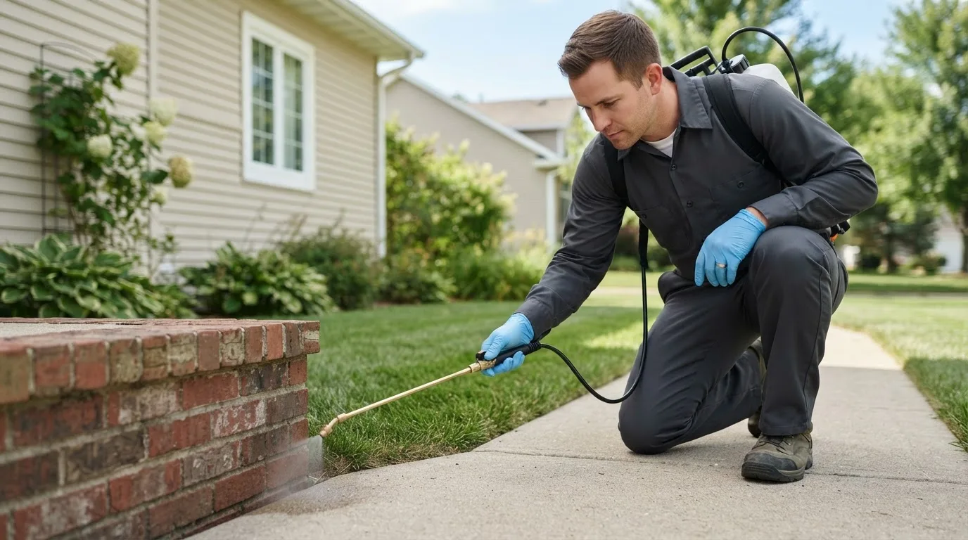 Pest control technician treating a home near Winchester, NH