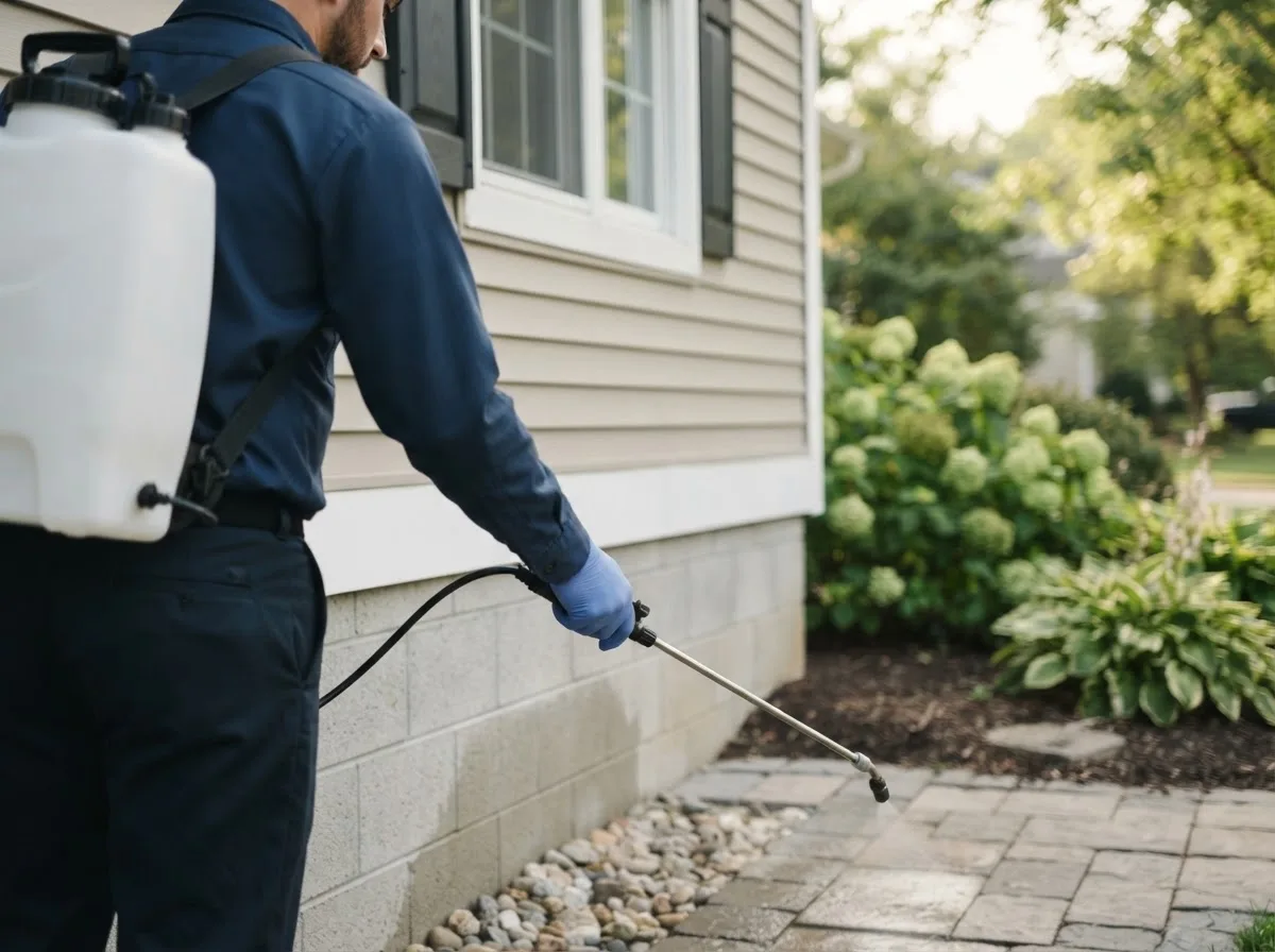 Pest control technician inspecting a home in Winchester, NH